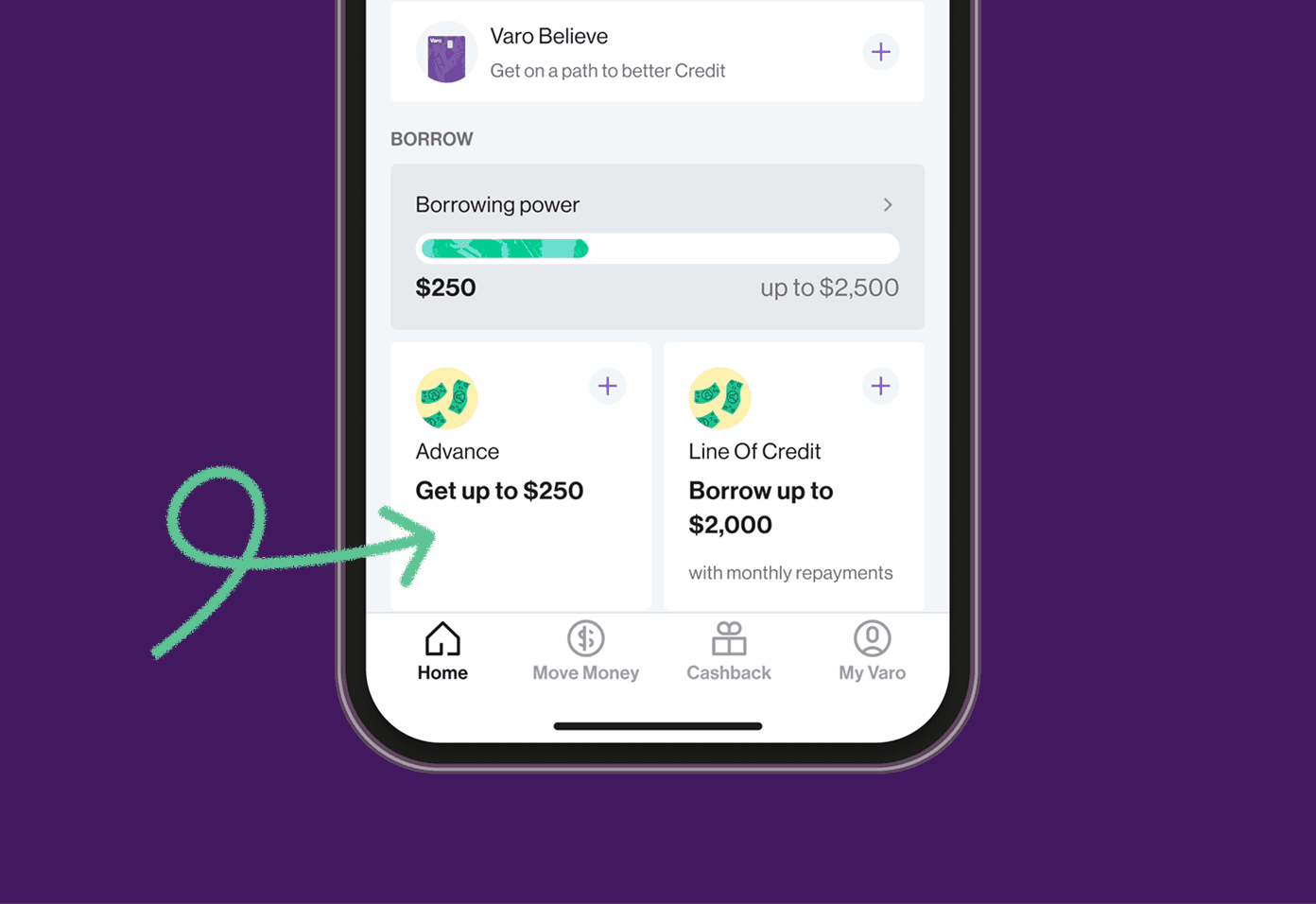 click on the cash advance tile on varo app homepage